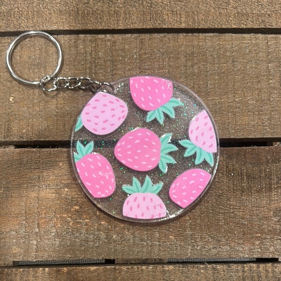 Strawberry Keychain with Pink and Green Design - Picture 1 of 2
